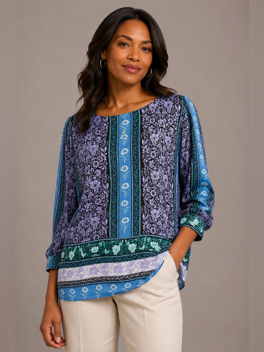 Ann Taylor Loft Women’s Tunic Blouse Floral Print Long Sleeve Career Top Size L